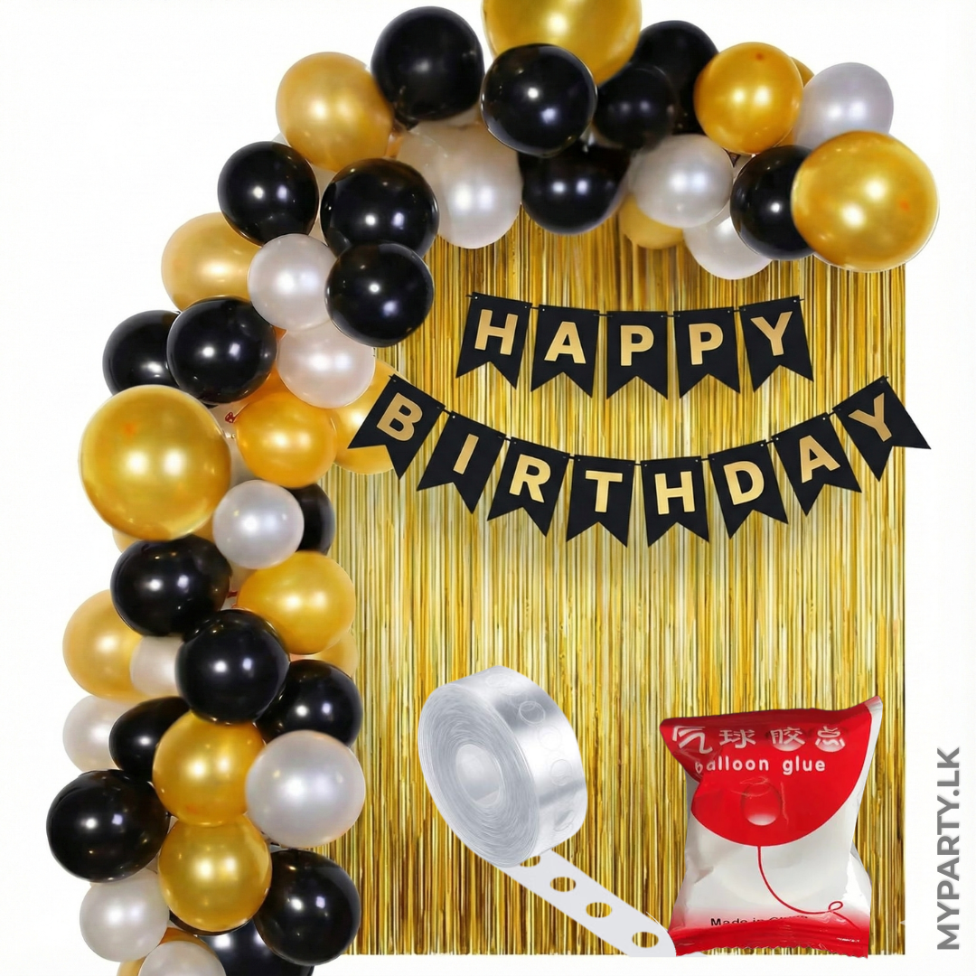 MyParty.lk Gold and black Happy Birthday Decoration PAck with glue dots and garland tapes (1)