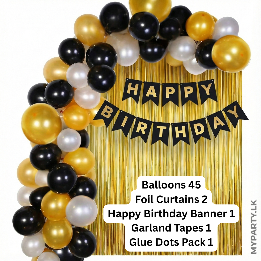 MyParty.lk Gold and black Happy Birthday Decoration PAck with glue dots and garland tapes (2)